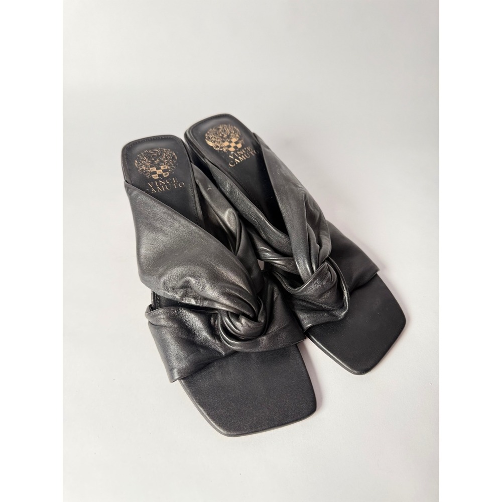 Vince Camuto Black Leather Twisted Knot Block Heel Mules Square Toe Sandals 9.5M